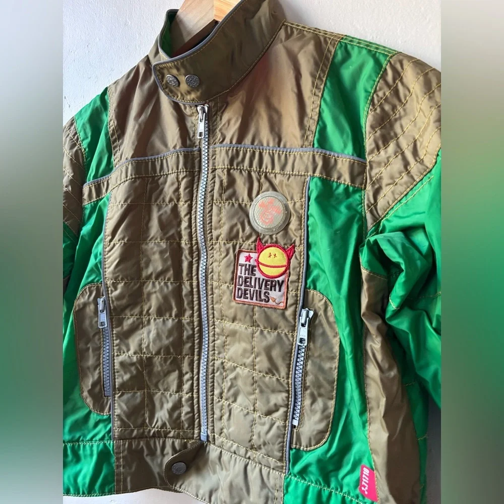 Oilily Kids Jacket Green and Brown Vintage Moto Racing Style Jacket w Patches